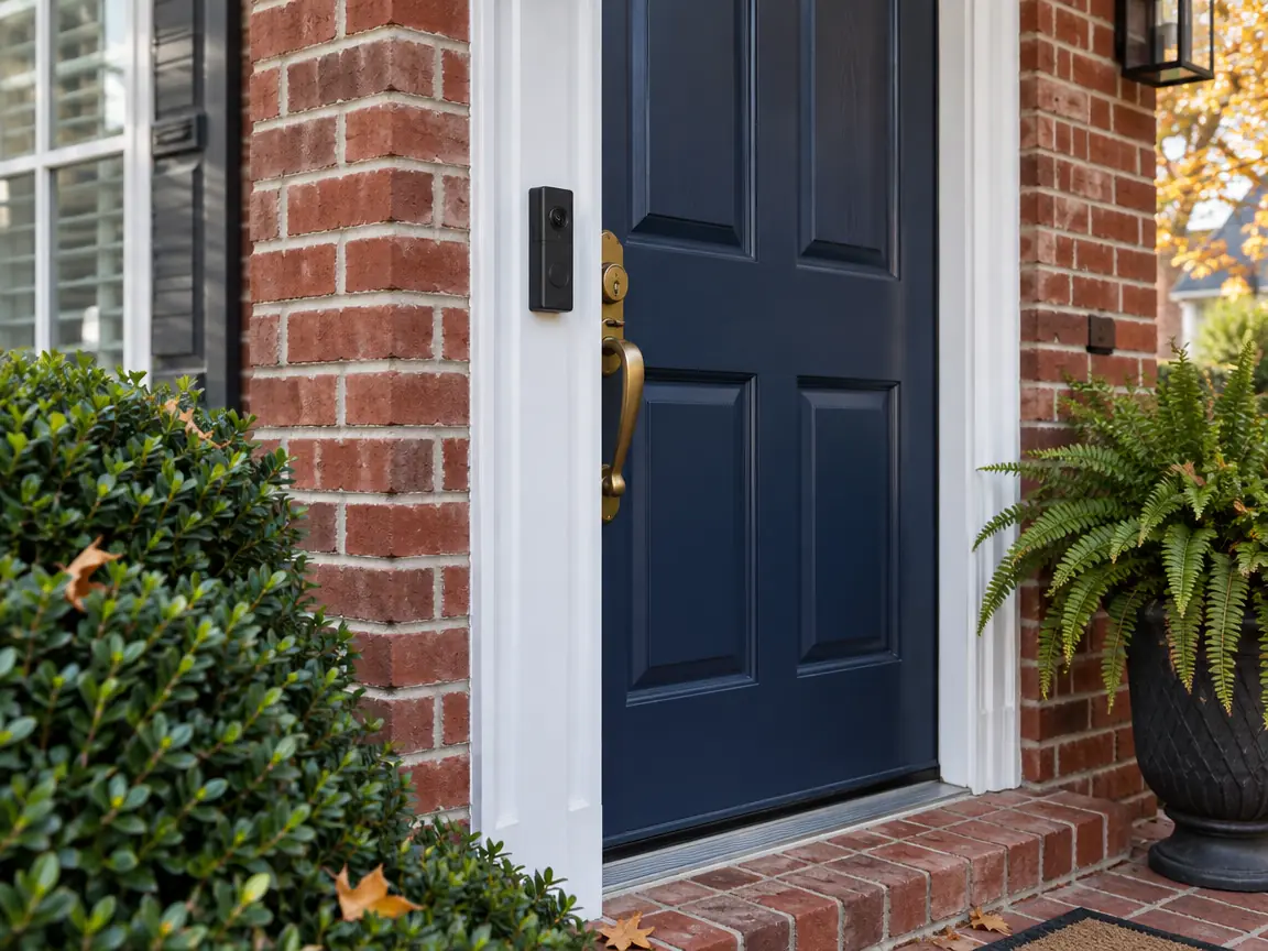 Video doorbell beside a navy front door on a red brick home
