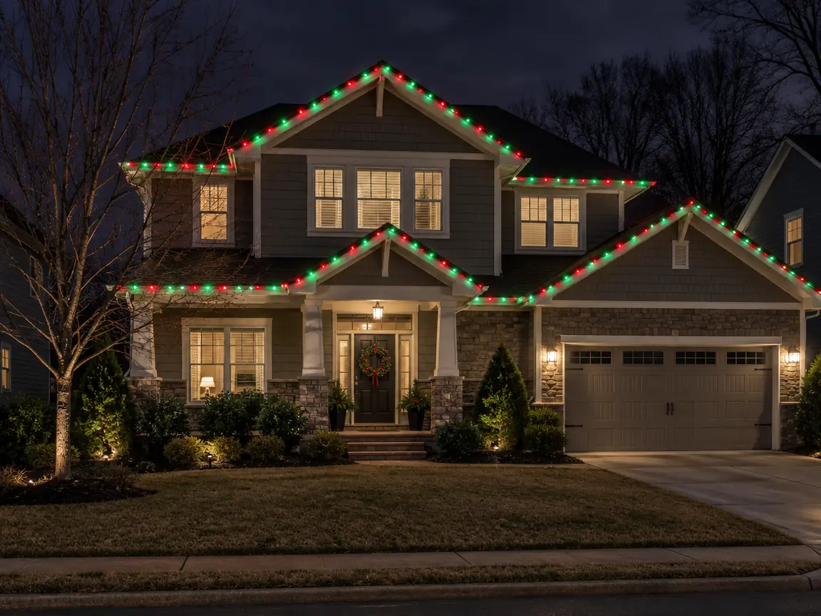 Two-story Charlotte-area home with red and green permanent holiday lights