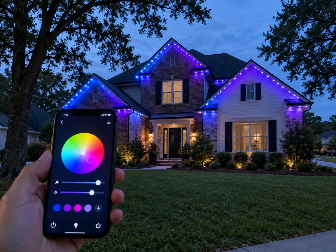 Phone app controlling colored roofline lights at dusk