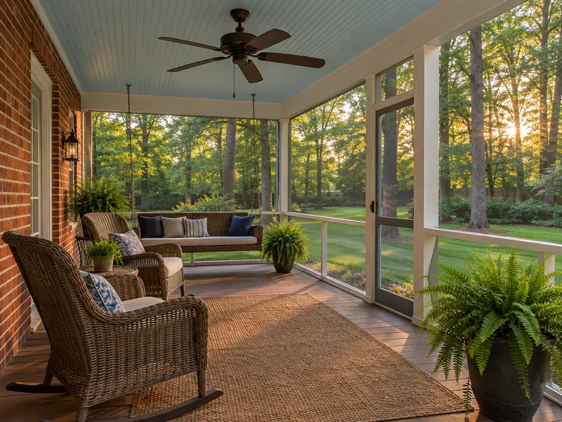 Screened back porch with an outdoor ceiling fan