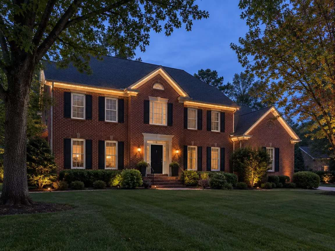Red brick two-story home with warm white roofline lighting at dusk