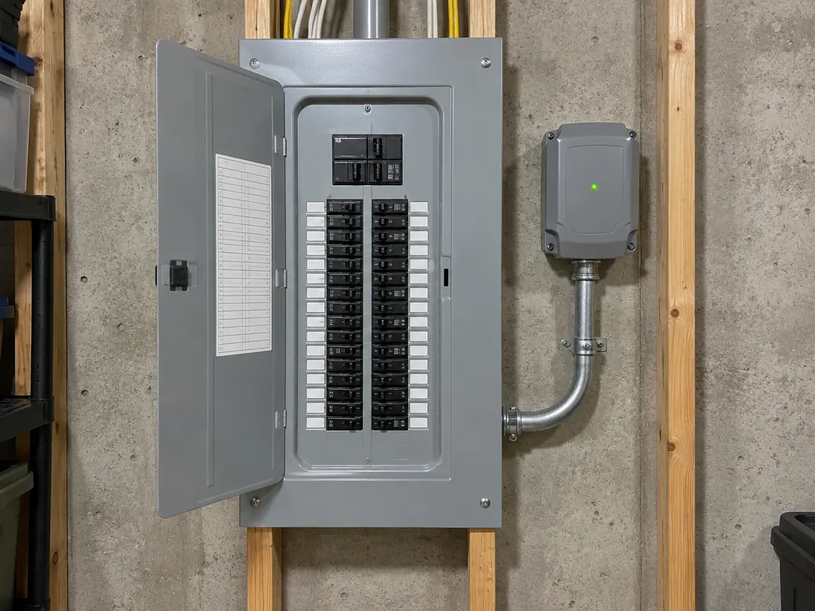 Electrical panel with a whole-home surge protector mounted beside it