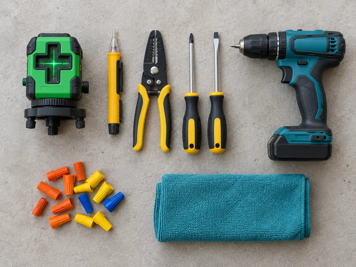 Installer tools including a laser level, tester and drill