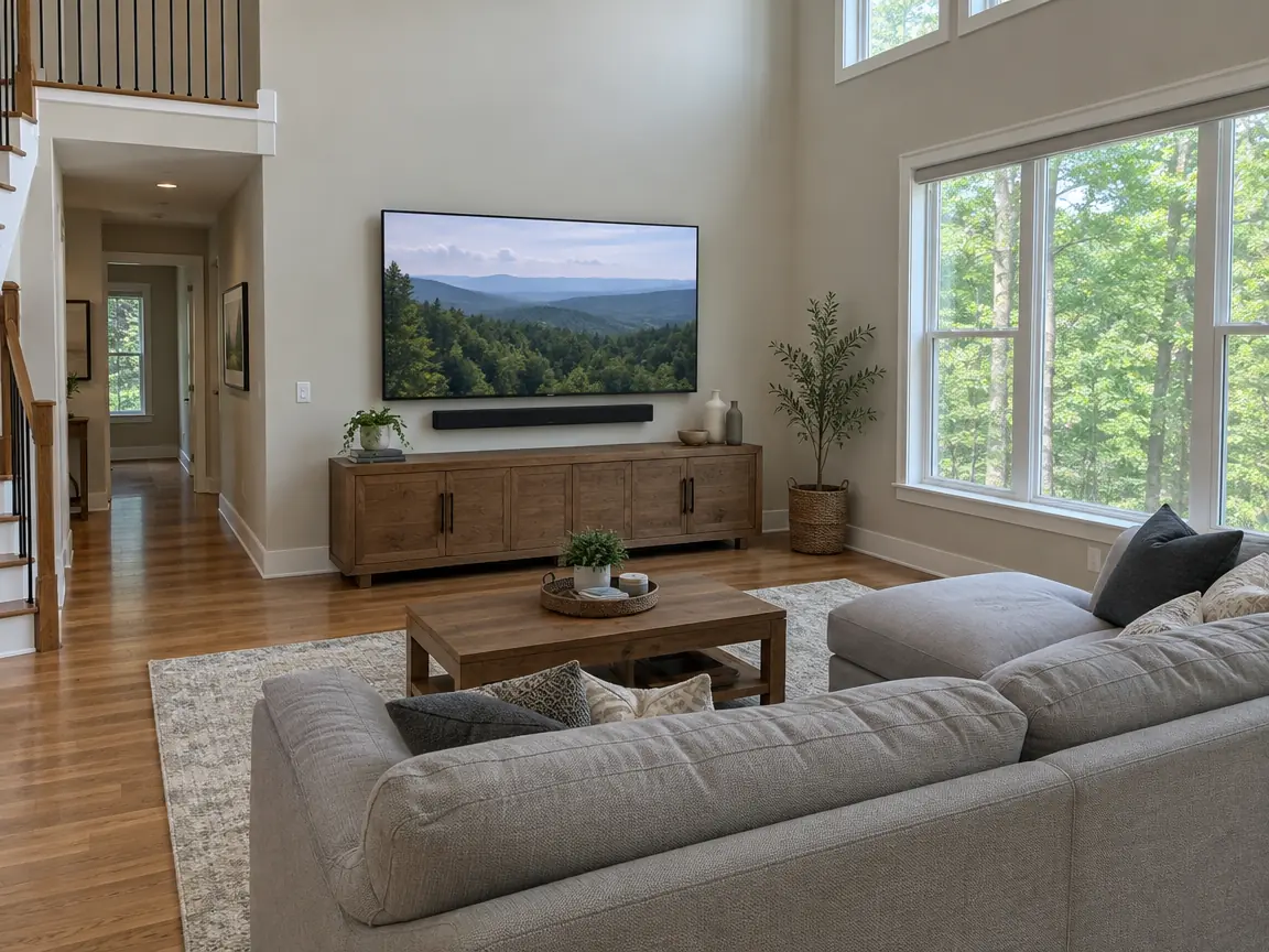 TV mounted level above a wood media console with hidden cables